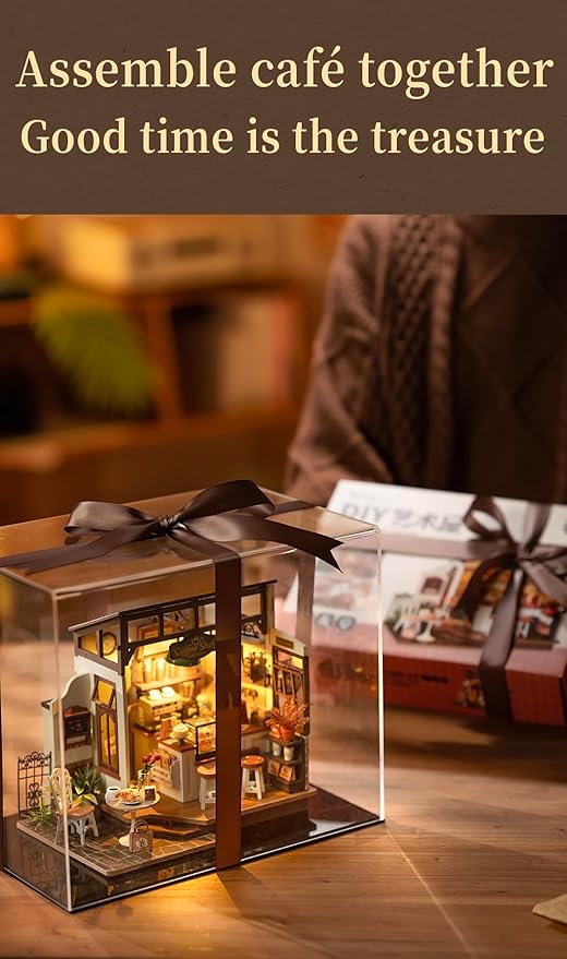 Rowood Coffee Miniature House Kit, DIY Miniature Dollhouse Kits Gifts for Adults to Build, Mayberry Street Miniatures, Wooden Adults Crafts, Mini Model Kits with LED, Birthday for Adult(NO.17 Cafe)