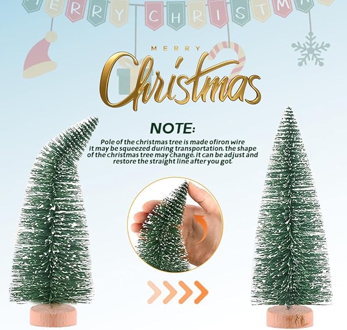 Yahpetes Miniature Christmas Tree 6 Pcs Pine Trees Sisal Trees Snow Frost Ornaments with Wooden Bases for Miniature Scenes, Christmas Crafting and Designing, Mixed Size