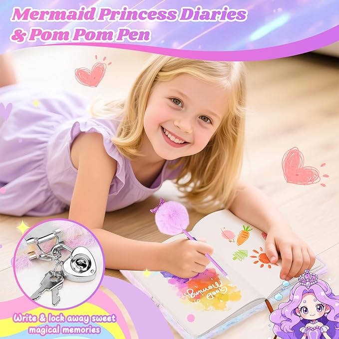 Mermaid Toys Gifts for Girls Age 4-6 7 8 9 10, Unique Girls Birthday Gifts Set with Locked Diary, Kids Purse, Plush Light Up Star Pillow, DIY Water Bottle Kits, for Christmas