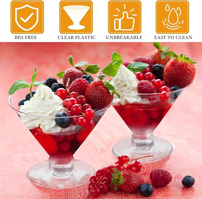 Yinkin 100 Pcs 5 oz Plastic Martini Glasses Disposable Clear Cocktail Dessert Parfait Glasses Unbreakable Mini Martini Cups for Wedding Party Bowl Wine Ice Cream (Stemless)