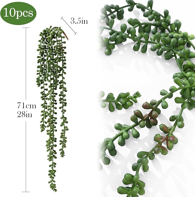 dallisten 10 Pcs Artificial Succulents Hanging Plants, Fake String of Pearls Greenery Plants, Decoration for Wall Home Backdrop Garden Windows Balcony Indoor and Outdoor (10PCS Green)