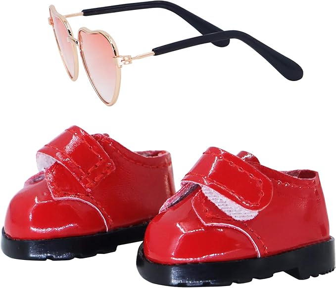 Suitable for 17cm Doll Trendy Small Leather Shoes Paired with Heart Shaped Sunglasses Cute Outfit Two-Piece Set (Brilliant red)