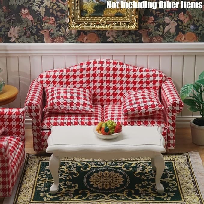 Odoria Dollhouse Couch Loveseat Miniature - 1/12 Scale Upholstered Sofa for Rustic Country Living Room - Mini Settee Chaise Lounge Wood Furniture Plaid Red