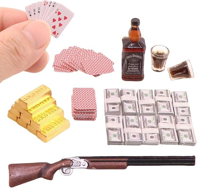 FTYHXP 1 Set 1:12 Scale Miniature Doll Accessories Tiny Money Bills Playing Card Ornament Mini Rifle Mini Gold Bars Model for Doll House,Action Figure Scenc Props,DIY Craft Projects (1 12 A)
