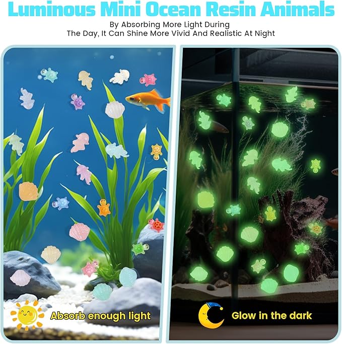 400pcs Luminous Mini Ocean Resin Animals Starfish Jellyfish Seashell Mini Turtles Set Resin Animals Tiny Sea Models for Dollhouse Miniatures DIY Fish Tank Fairy Garden Micro Landscaping