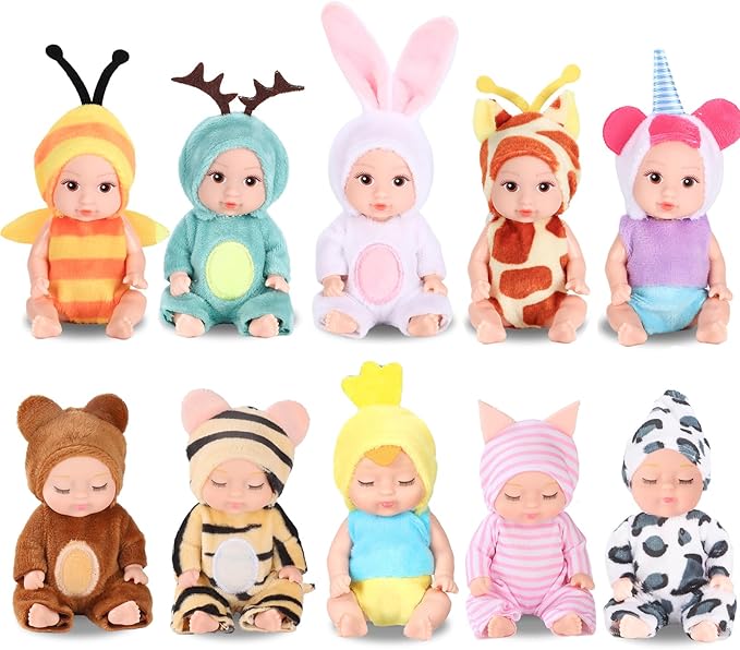 10 Pcs 4 Inch Mini Dolls Playset - Reborn Baby Dolls with Mixed Eyes (5 Open & 5 Closed) Including Handmade Animal Clothes, Christmas Easter Gift for Kids Ages 3+