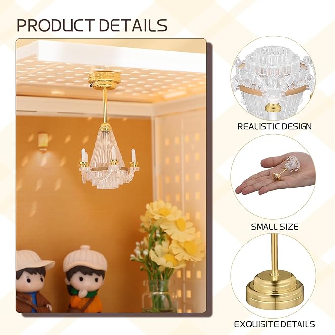 1:12 Scale Dollhouse Miniature Led Chandelier - Crystal-Style Gold Accent Light Fixture for Dollhouse Living Room Decor