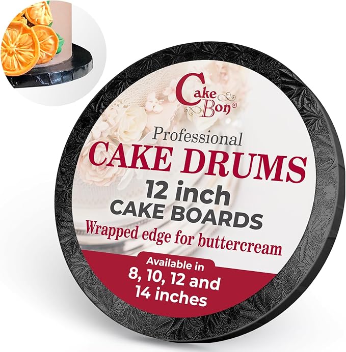Cakebon Round Cake Boards - Sturdy 1/2 Thick Drums - 12 Inch Professional Fully Wrapped Edges Black 3-Pack