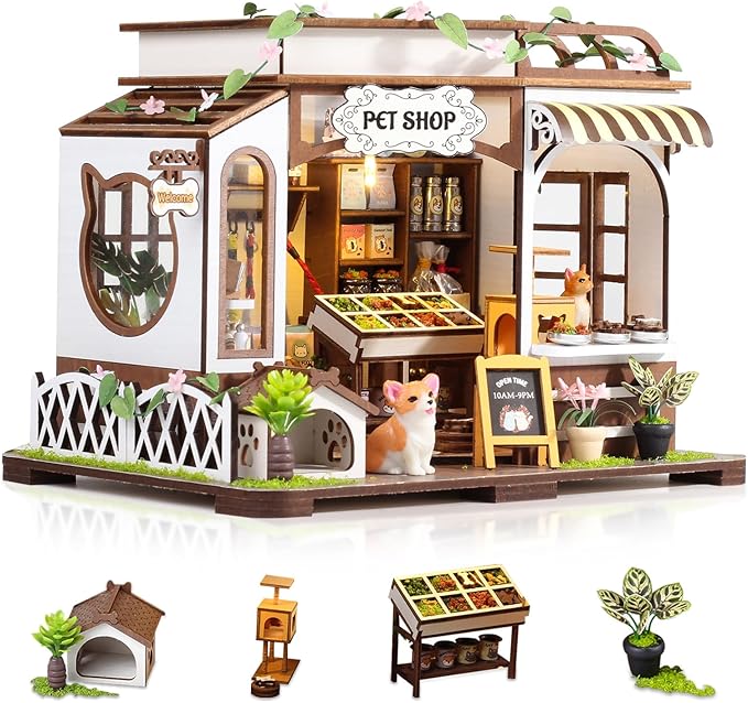 GuDoQi DIY Miniature House Kits, DIY Miniature Dollhouse Kit with Furniture, Tiny House Kits 1:24 Scale, Creative DIY Crafts for Adults, Christmas Day Birthday Gifts, Pet Shop