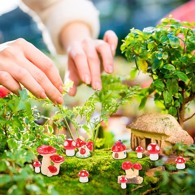 65 Pieces Mini Mushrooms Figurines Red Tiny Resin Mushroom Decor for Fairy Graden Craft Fake Mushrooms Moss Landscape DIY Terrarium Cake Topper Party Decoration Home Decor