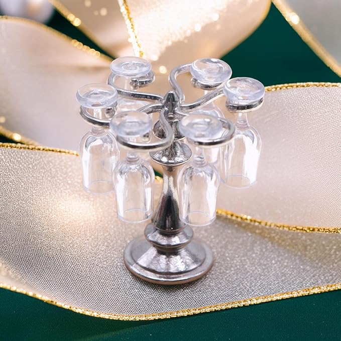1:12 Scale Miniature Wine Glass Set with Metal Rack (Gold/Silver), 6 Clear Goblets, Elegant Dollhouse Dining Room & Bar Accessory for Collectors (Silver)