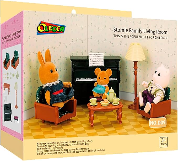 Family Dollhouse Living Room Set — Piano with Bench & Sheet Music, Two Armchairs, Coffee Table, Floor Lamp & Tea Set — Dollhouse Furniture & Accessories for Ages 3+