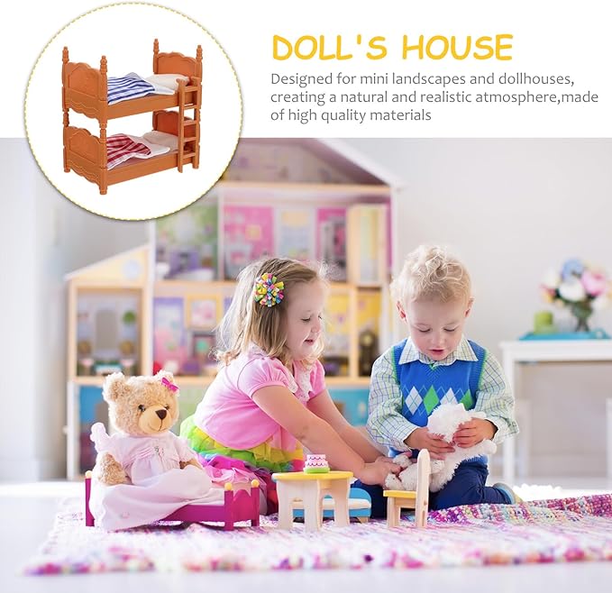 Veemoon Dollhouse Bunk Bed Decoration Doll House Miniature Bed Furniture Mini Doll House Double Beds with Ladder Ornament Dollhouse Accessories 1 12 Scale Miniature Scene DIY Kit