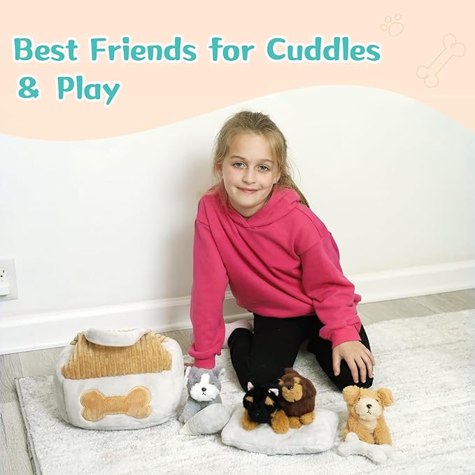 Muiteiur 8-Piece Dog House Plush Set, 9.8 Inch Plush Dog House Set with Cute 4 Puppies, Magic Gate, Bottle, Bed Pad & Bone, Interactive Pet Toy for Kids