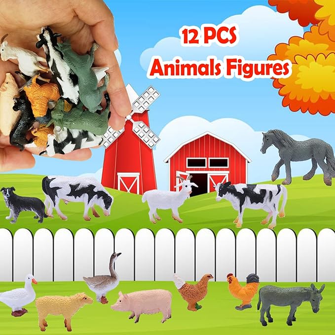 12 PCS Animals Figures,Mini Farm Animal Figurines,Plastic Farm Animal Figures Set,Animals Learning Educational Toys Cake Toppers Birthday Gift for Kids