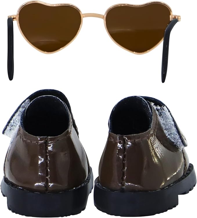Suitable for 17cm Doll Trendy Small Leather Shoes Paired with Heart Shaped Sunglasses Cute Outfit Two-Piece Set (Brilliant Brown)