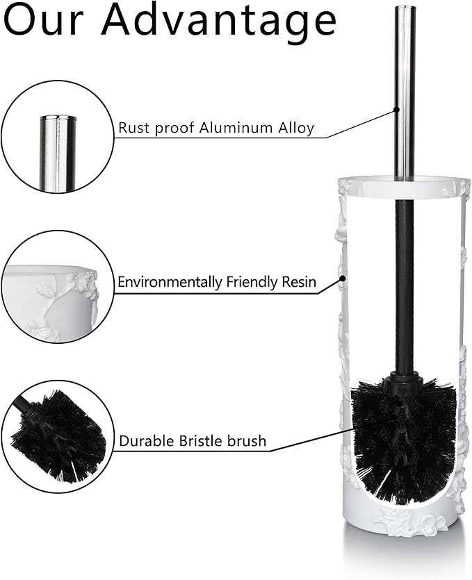Indecor Home White Floral Branches Design Resin Toilet Bowl Brush and Holder Set, Elegant Bathroom Cleaning Tool with Durable Bristles, Compact and Functional
