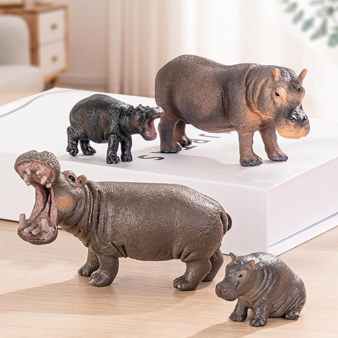 4PCS Hippo Safari Zoo Animals Figurines Toys, Plastic Animals Figures Toy for Kids Includes Solid Hippopotamus and Cubs, Birthday Gift Party Favors Cake Toppers for Boys Girls