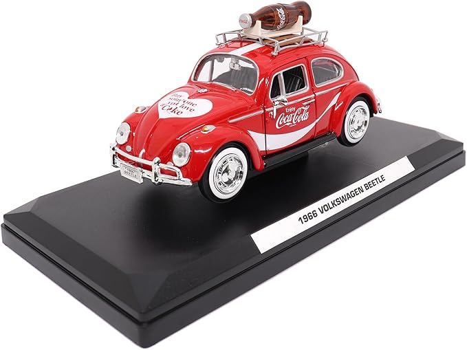 Motor city classics Coca-Cola Diecast Collectible | 1966 VW Beetle with Bottle on Top Rack | 1:24 Diecast Scale Model 424066 | Officially Licensed Coca-Cola Diecast