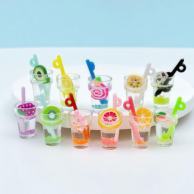 11 Pcs Miniature Dollhouse Drinks Set – Resin Glass Cup and Fruit Beverage Bottles, Simulated Drink Models for Summer Leisure-Themed Decor Decor, 1.07 x 0.5 Inch Mini Props for DIY Craft Display