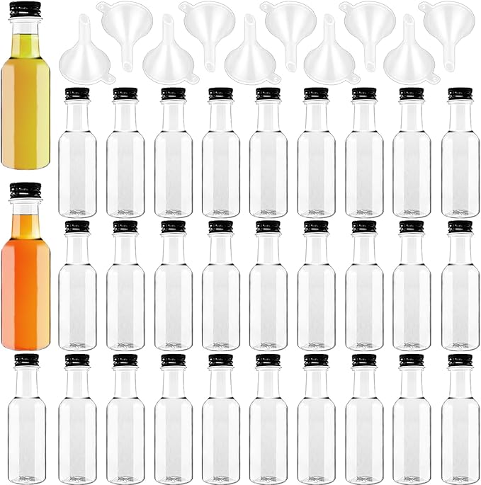 Mini Liquor Bottles, 30 Pack Airtight Plastic Spirit With Black Cap, 1.7oz Empty Alcohol Shot With 10 Funnels, Miniature for Weddings, Parties