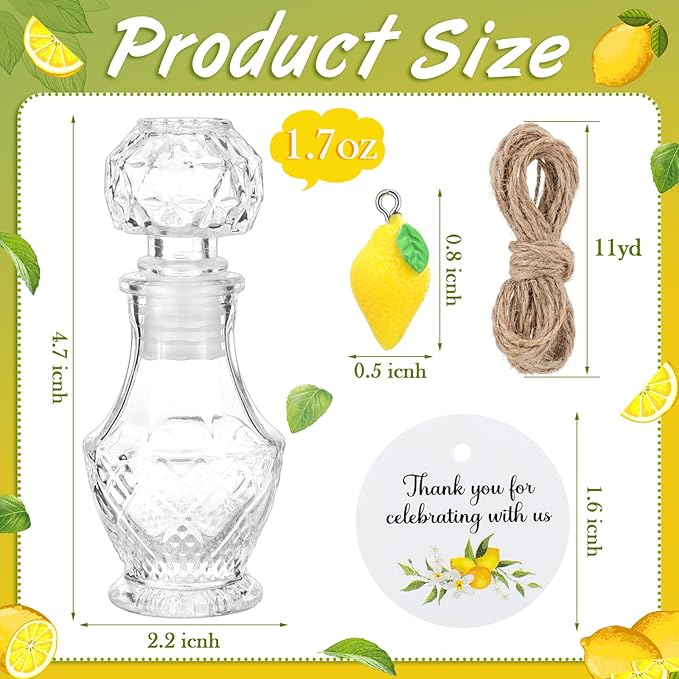 Chuangdi 16 Sets Mini Limoncello Glass Bottles Limoncello Bottles with Labels 1.7 oz Lemon Pendants Lemon Party Favors for Homemade Brewing Wedding Baby Shower Gifts(Elegant)