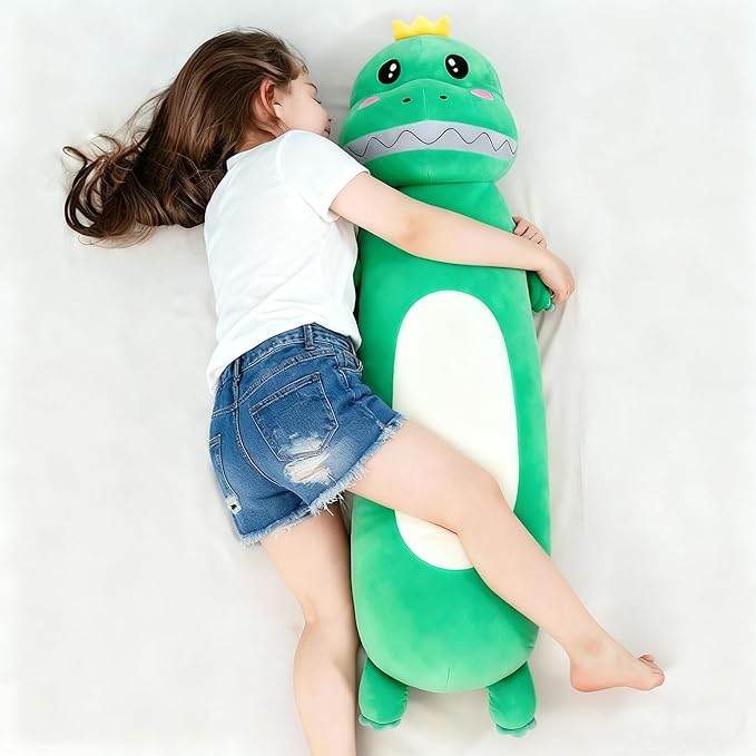 36” Large Dinosaur Plush Long Pillow, Cute Green Extra Dinosaur Stuffed Animals, Big Soft Body Pillow Squishy Plushies Toy, Gifts for Kids Boys Girls, Birthdays, Halloween, Christmas