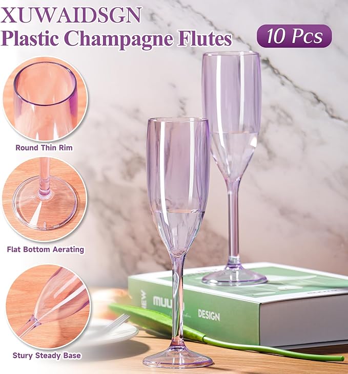 XUWAIDSGN 10 Pcs Reusable Champagne Flutes Plastic Wine Glasses Bulk Vintage Champagne Flutes Mimosa Bar Glasses Stemmed Drinking Cups 5.4OZ for Christmas Birthday Wedding Bride