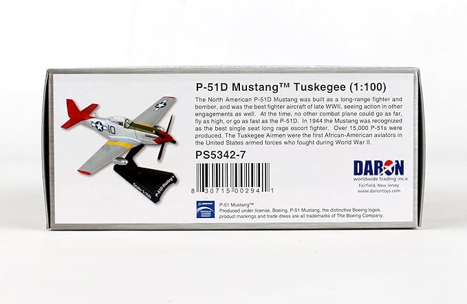 Daron P-51D Mustang Die-Cast Model – 1:100 Scale WWII Long-Range Fighter Replica, Tuskegee Airmen Edition, Highly Detailed, 4” Length x 4.5” Wingspan, Adult Collectible Ages 14+