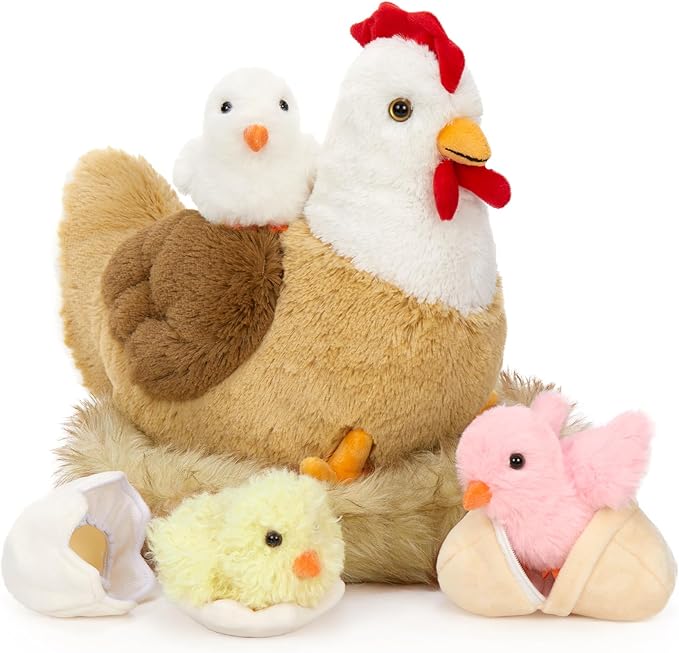 7Pcs Chicken Stuffed Animals, Stuffed Hen Plush with Baby Chicks & Eggs, Nest Hen Coop Plush Toy Set for Kids, Soft Stuffed Farm Animal Plushie for Birthday Christmas Easter Gift, 14"