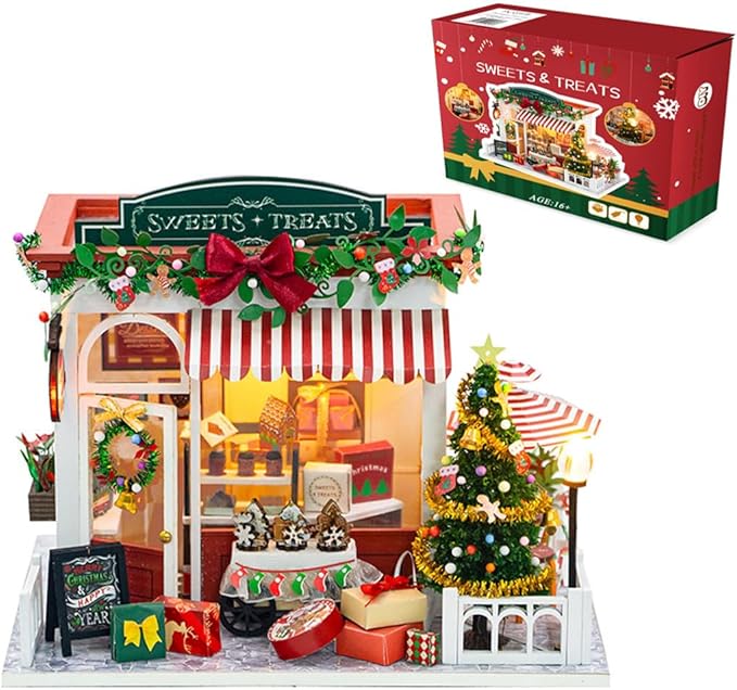 DIY Miniature House Kit for Adult and Teens, Christmas Candy House Building Kit for Family and Friends, Mini Wooden Dollhouse Kit for Halloween Christmas Birthday Gifts