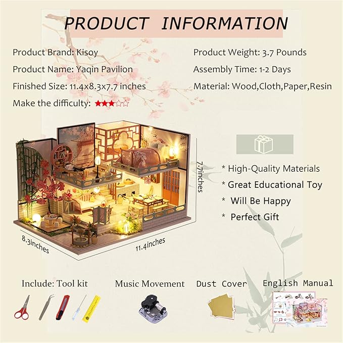 Kisoy Dollhouse Miniature with Furniture Kit, Handmade Chinese Style Loft DIY House Model for Teens Adult Gift (Yaqin Pavilion)