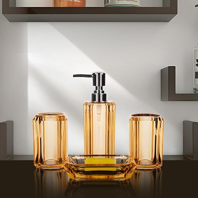 LGURT 4 Piece Premium Acrylic Bathroom Accessory Set, Hand Sanitizer Bottle, Lotion Can Bathroom Suit, Separate Bottle Soap Box, Mouthwash Cup, Toothbrush Cup (Champagne Gold)