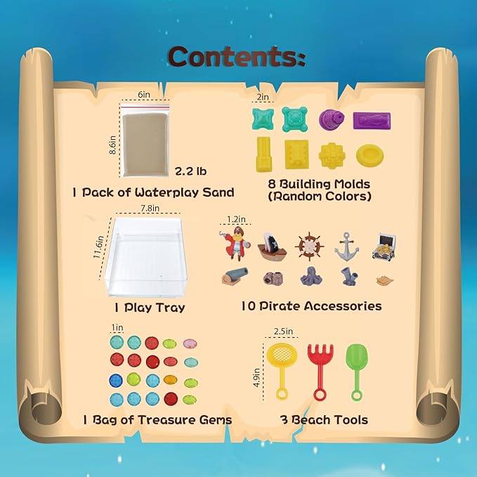 Chico Land Waterplay & Sensory Sand Kit – 2.2lb Pirate Adventure Play Sand for Kids Ages 4+, Water & Sandbox Play with Molds, Gems & Tools, Mess-Free, Non-Toxic Sensory Bin Filler