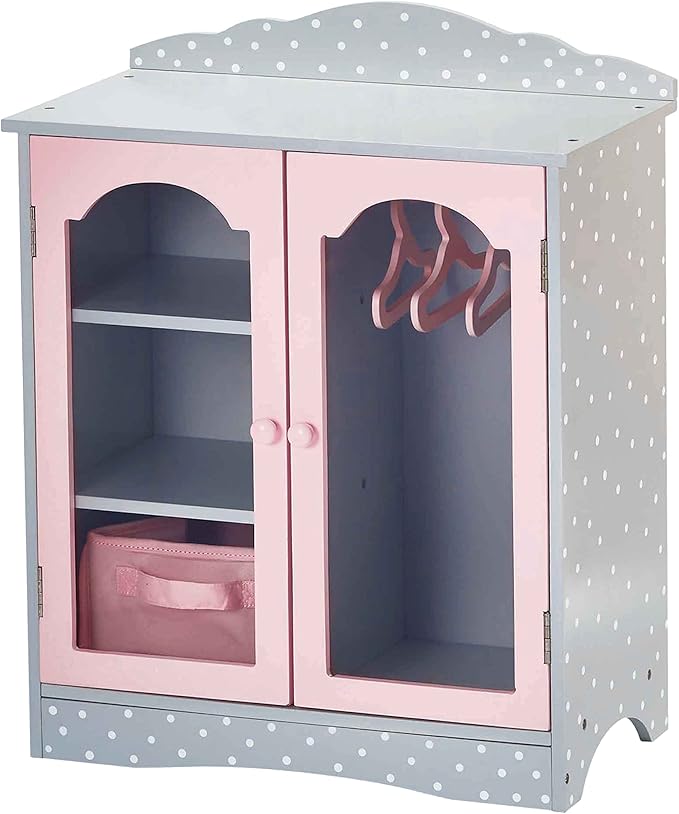 Olivia's Little World Polka Dot Princess Wooden Shaker-Style Double Closet for 18" Doll Wardrobes with Windowed Doors, Three Shelves, Hanging Space with Hangers, Gray/Pink