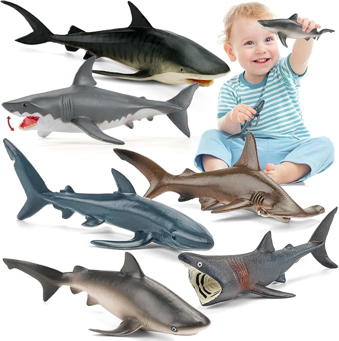 6PCS 5-7"L Realistic Shark Bath Toy for Kids, Plastic Sea Ocean Animals Figures Toys for Toddlers Includes Great White Shark Figurines Cake Toppers Birthday Party Favors & Gifts for Boy Girl
