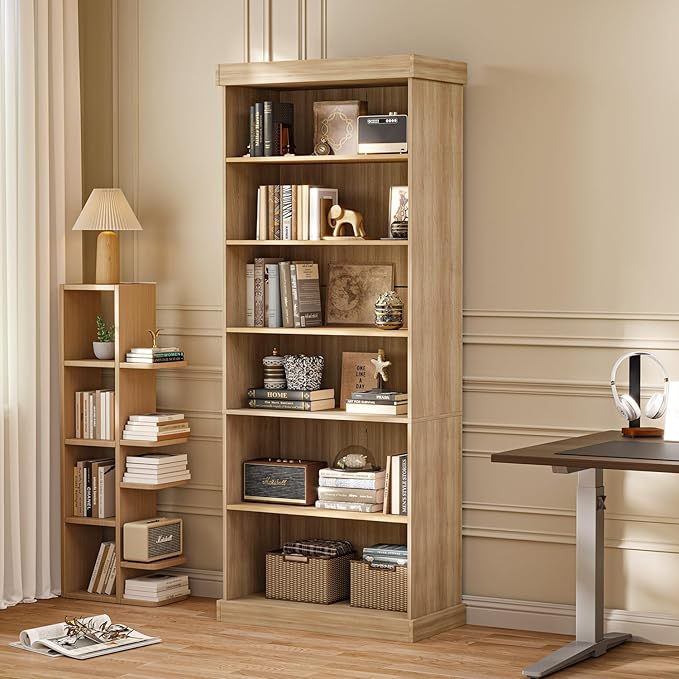 70.8" Tall Brown Bookshelf with Glass Doors, Farmhouse Modular Bookcase with 6-Tier Adjustable Shelves, Large Storage Cabinet for Home Office, Living Room, Set of 2