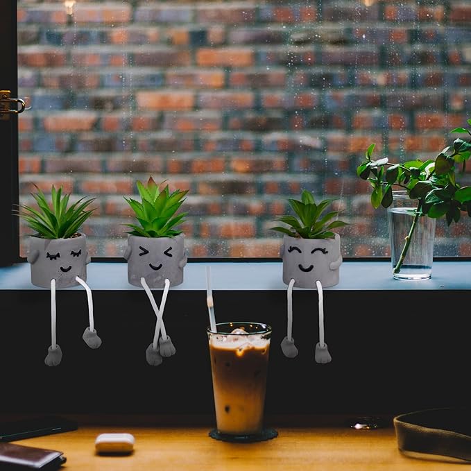 LUZOGA Creative Artificial Succulent Plants with Gray Pots Mini Potted Succulents Cute Fake Plants Succulents with Hanging Leg & Emotional Cement for Home Office Desk Decor and Gift Choice