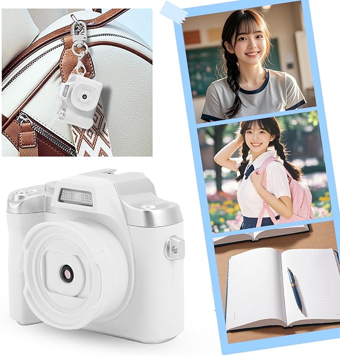 Zunate Mini Keychain Camera, 48MP HD Mini Retro Digital Camera, Portable Small Cameras Vintage Compact Micro Cameras, 1.54 inch HD Screen for Travel Study Recording (White)