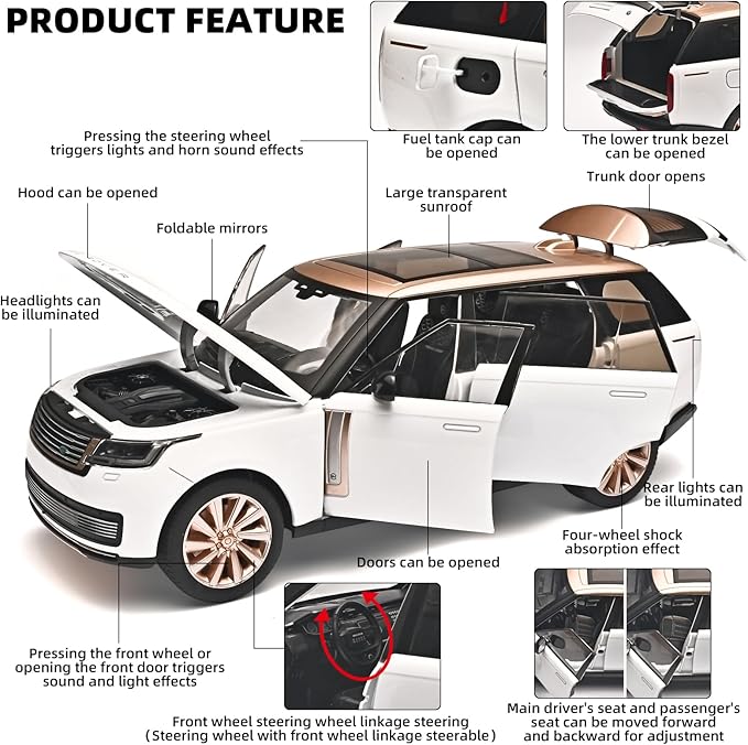 Car Toys for Boys 1/18 Diecast Cars Compatible with Land Rover Range Rover Model Car Kits Collection,Metal Off-Road SUV Toy Car with Light and Sound,Cars for Kids Ages 3-5（White）