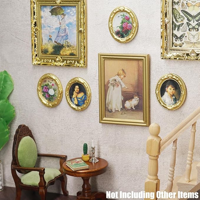 Odoria Dollhouse Wall Art Miniature: 1/12 Scale Framed Picture Oval for Victorian Vintage Living Room - Mini Painting Golden Antique for Gallery - Tiny Portrait Flower Artwork Paper 4Pcs
