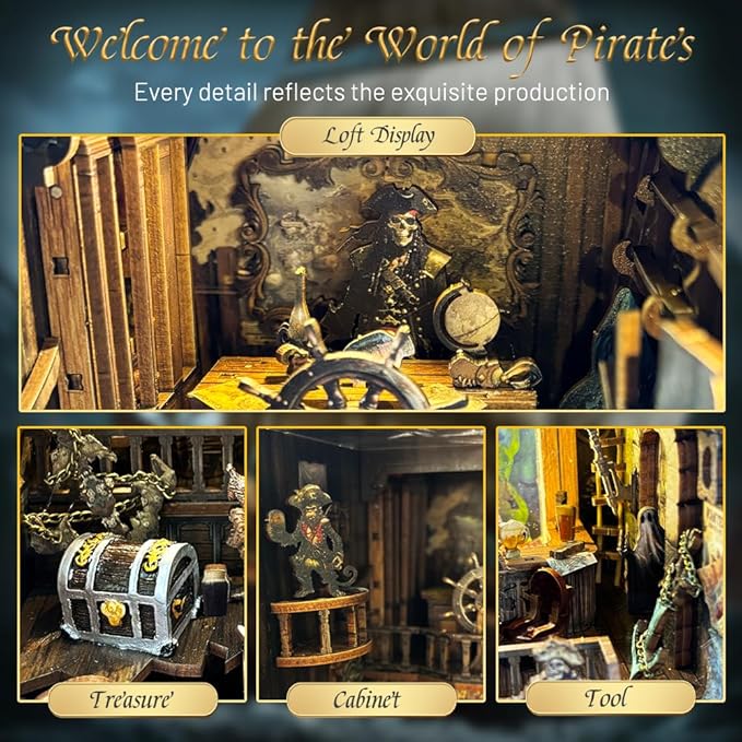 STRUCWOOD DIY Book Nook Kit - Pirate 3D Wooden Miniature Puzzles with LED Light Dollhouse Model Craft Kits for Adults Bookshelf Insert Decor Gifts for Adults - New World Ship (SQ-36)