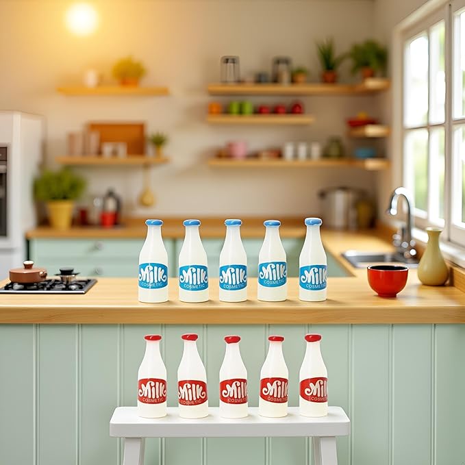 10 Pcs 1/12 Miniature Milk Bottles Dollhouse Decoration Accessories, Home Outdoor Decoration Model Living Room Scene Craft Displays