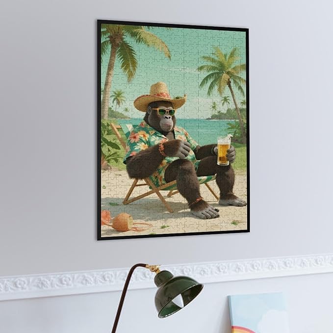 Summer Gorilla – 1000 Piece Creative Wildlife Wooden Jigsaw Puzzle, Playful Summer Gorilla Illustration, Brain Teaser, Family Entertainment