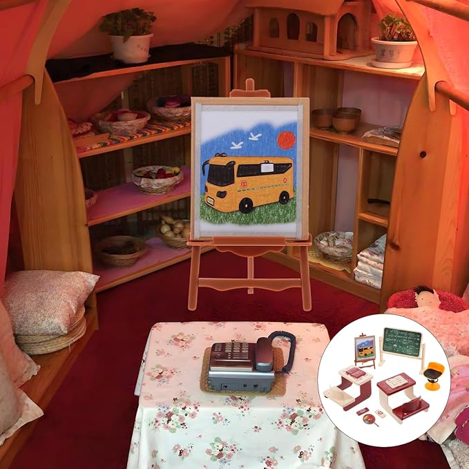 Garneck Miniature Classroom Model Set with Desk Chair and Chalkboard Mini House Decor for Crafts Dollhouse Accessories and Desktop Decoration