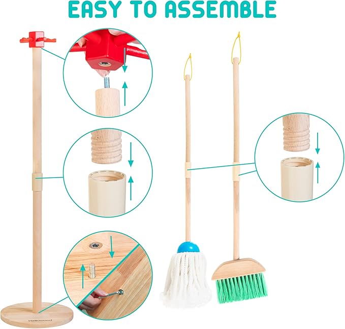 HELLOWOOD Kids Cleaning Set, 8 Pcs Wooden Housekeeping Play Set Includes Broom Mop Duster Dustpan Brushes Rag and Organizing Stand, Cleaning Toys Gift for Toddlers Girls Boys Age 3-6, Solid Beech Wood