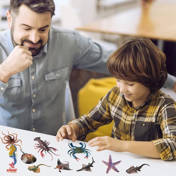 10Pcs Ocean Animals Toys Figures, Large Plastic Sea Creature Figurines Seahorse Starfish Crab Lobster Octopus Devilfish Rays Shark for Kids Educational Birthday Party Favors Cake Decoration Bath Toy