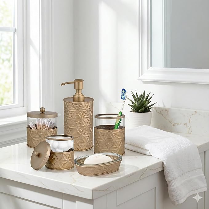 Autumn Alley Brushed Gold Bathroom Accessories Set, 5 Piece Champagne Gold Modern Bathroom Decor - Soap Dispenser, Toothbrush Holder, 2 Apothecary Jars, Soap Holder, Farmhouse Bathroom Décor
