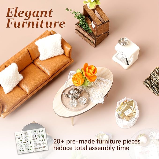 DIY Miniature House Kit, Mini Forest Momo Teashop Building Set, 3D Wooden Dollhouse with Dustproof Cover, Creative Handmade Home Decoration, Gift for Adult Teen Birthday Christmas