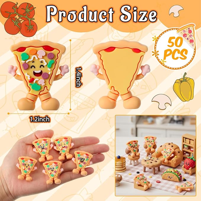 Threehoney 50 Pcs Mini Pizza Figures Small Pizza Figurines of Five Expressions Tiny Foods Figurines for Birthday Party Favors Goodie Bag Fillers Table Cake Mini Kitchen Dollhouse Decoration